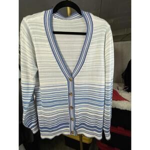 Nine West Light Blue Striped Cardigan Sweater Long Sleeve M Coastal Grandmother
